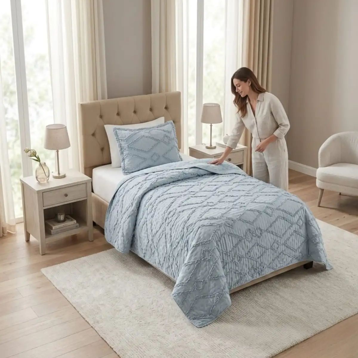 GENERICO - COBERTOR QUILT VERANO GEOMETRICO TUFTING PLAZA Y MEDIA GRIS