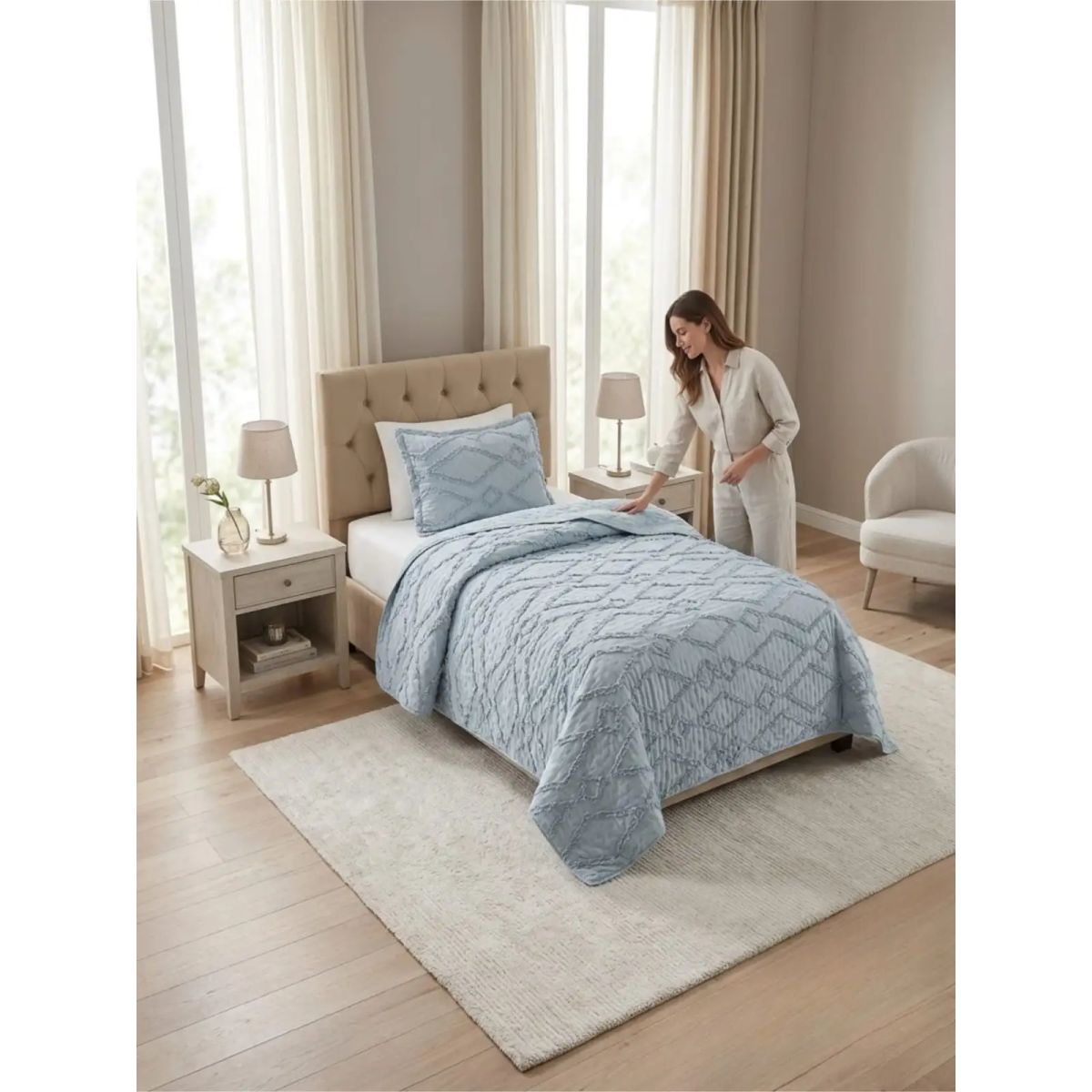 GENERICO - COBERTOR QUILT VERANO GEOMETRICO TUFTING PLAZA Y MEDIA GRIS