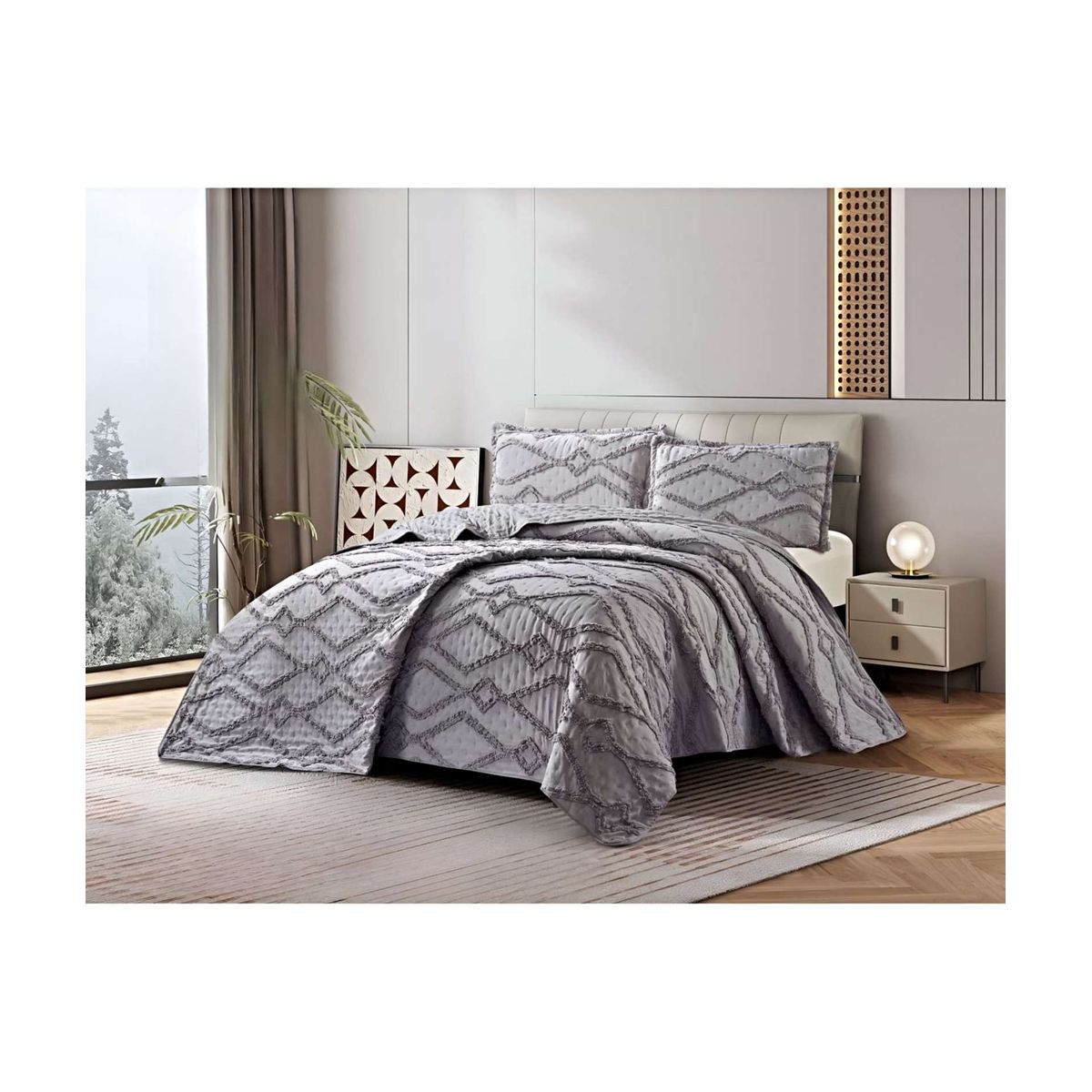 GENERICO - COBERTOR QUILT VERANO GEOMETRICO TUFTING PLAZA Y MEDIA GRIS