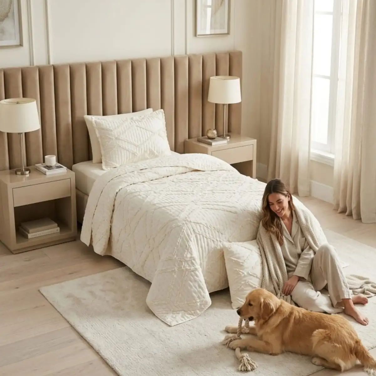 GENERICO - COBERTOR QUILT VERANO GEOMETRICO TUFTING PLAZA Y MEDIA BLANCO