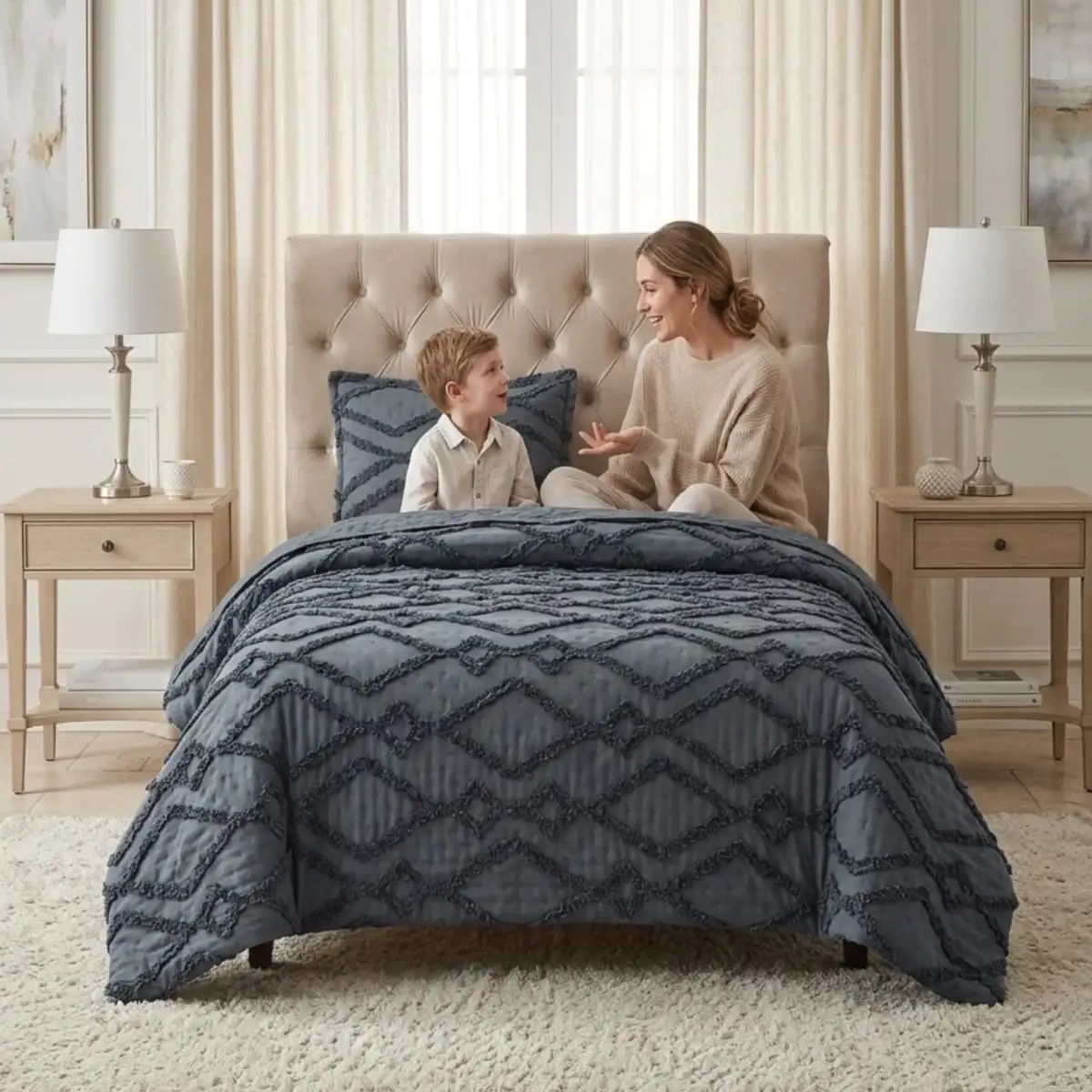 GENERICO - COBERTOR QUILT VERANO GEOMETRICO TUFTING PLAZA Y MEDIA GRIS