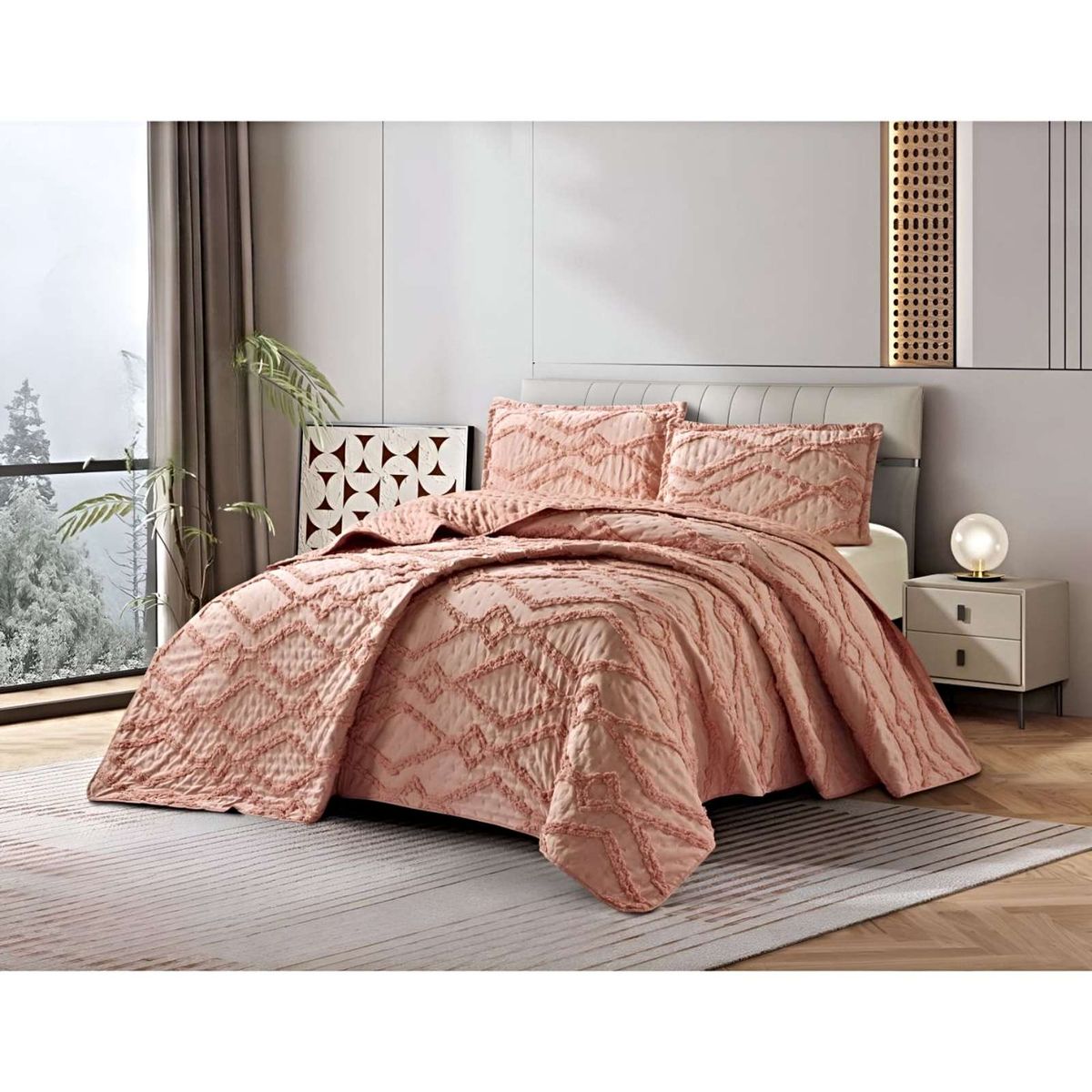 GENERICO - COBERTOR QUILT VERANO GEOMETRICO TUFTING 2 PLAZAS ROSADO