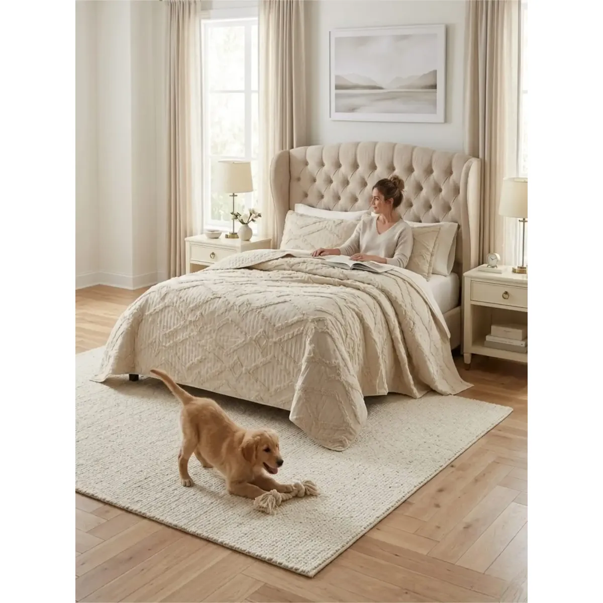 GENERICO - COBERTOR QUILT VERANO GEOMETRICO TUFTING 2 PLAZAS BEIGE