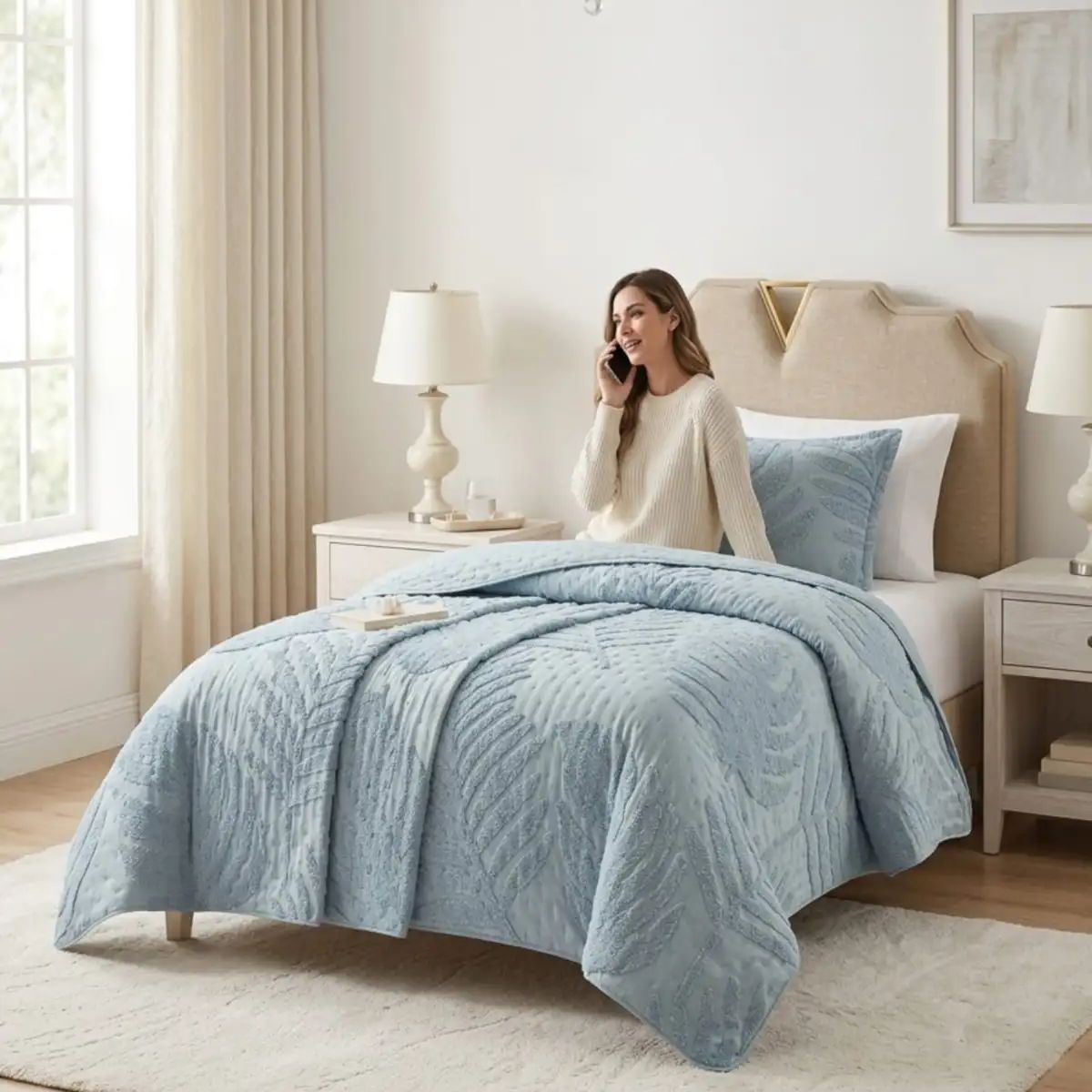 GENERICO - COBERTOR QUILT VERANO HOJA TUFTING PLAZA Y MEDIA GRIS