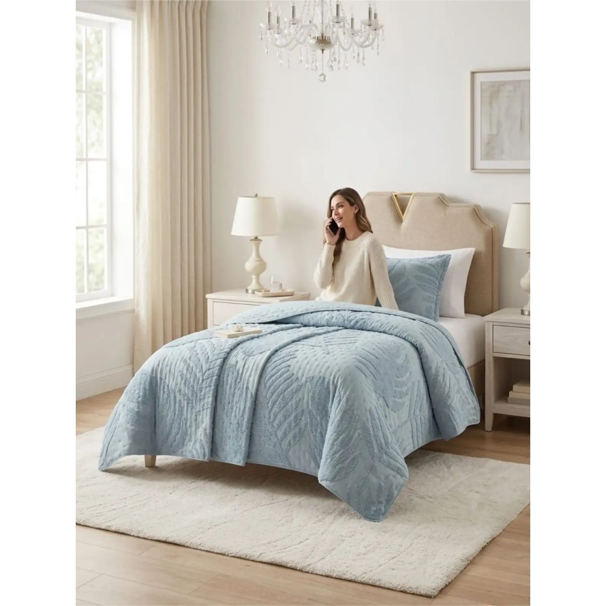 GENERICO - COBERTOR QUILT VERANO HOJA TUFTING PLAZA Y MEDIA GRIS