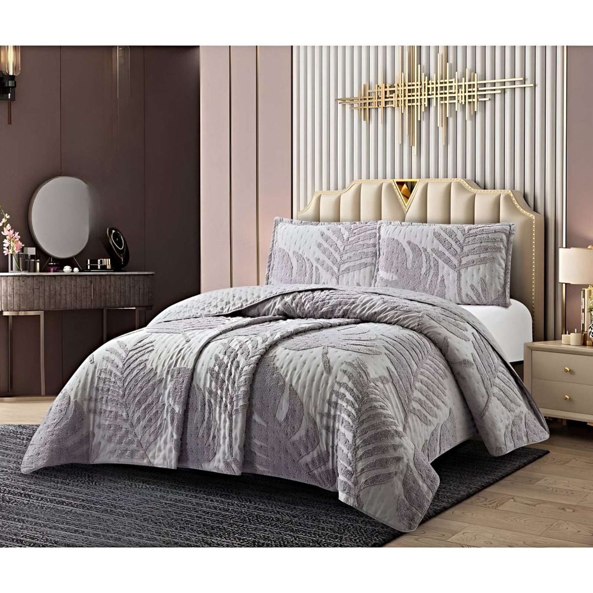 GENERICO - COBERTOR QUILT VERANO HOJA TUFTING PLAZA Y MEDIA GRIS