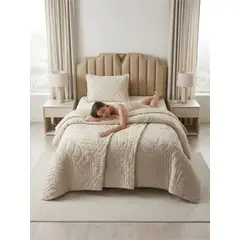 GENERICO - COBERTOR QUILT VERANO HOJA TUFTING PLAZA Y MEDIA BEIGE