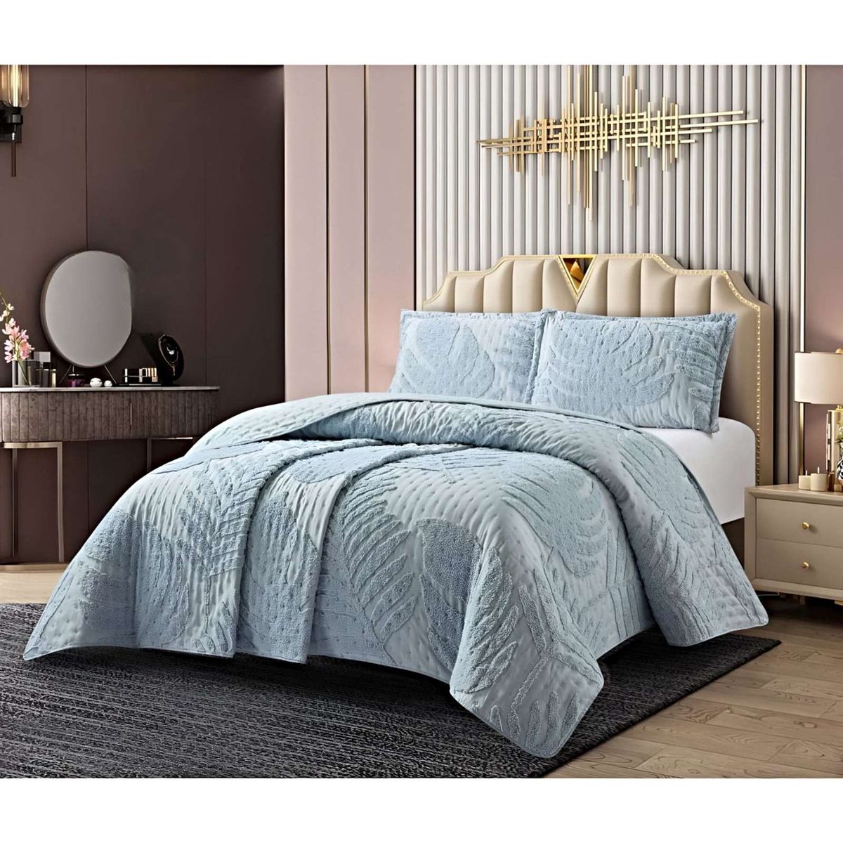 GENERICO - COBERTOR QUILT VERANO HOJA TUFTING 2 PLAZAS GRIS