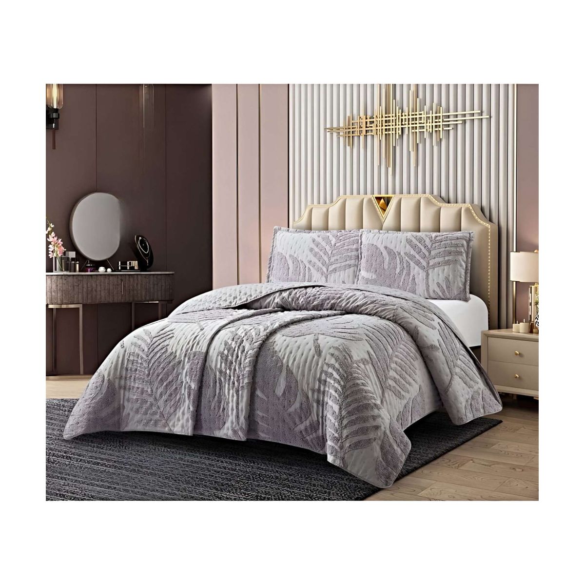 GENERICO - COBERTOR QUILT VERANO HOJA TUFTING KING-SUPERKING GRIS