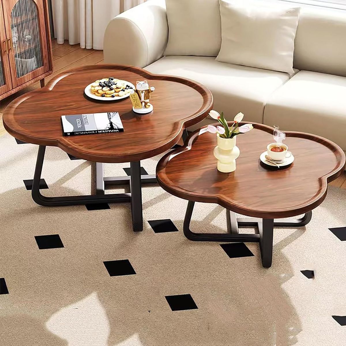 YOMYM - Set 2 Mesa auxiliar moderna con diseño de trébol y patas de metal - Nogal 60/80cm