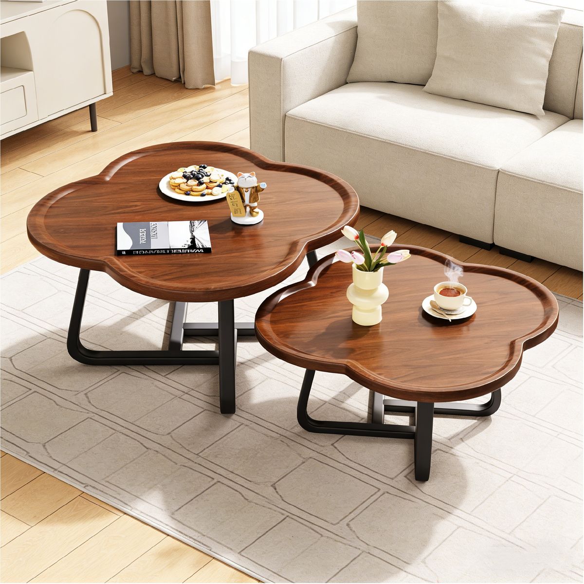 YOMYM - Set 2 Mesa auxiliar moderna con diseño de trébol y patas de metal - Nogal 60/80cm