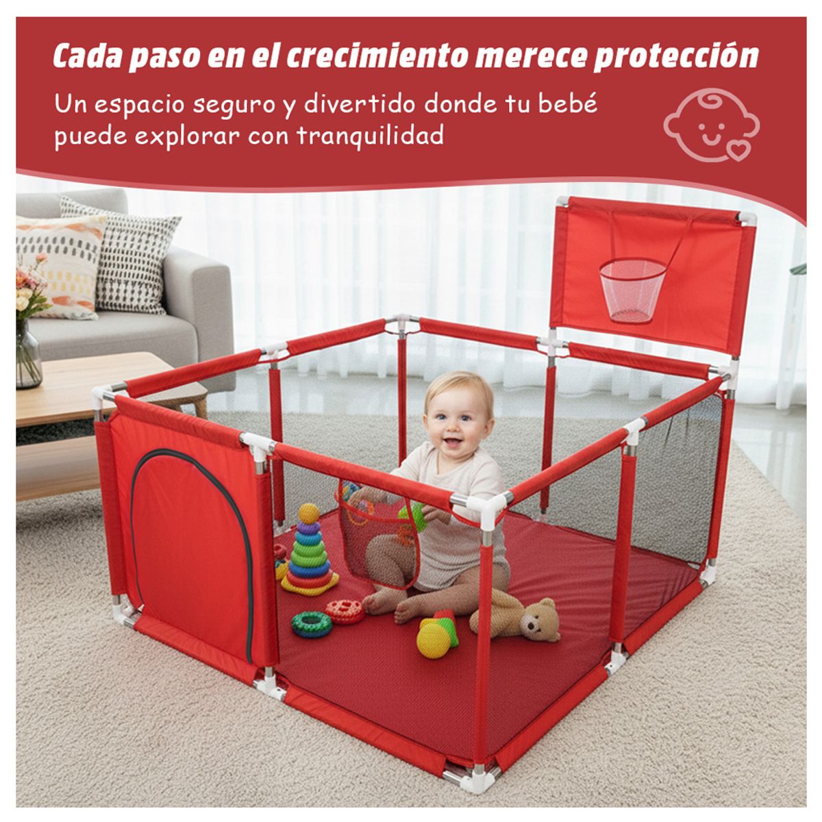 ZSPK - Corral Rojo Centro de Seguridad Infantil Con Aro De Basket