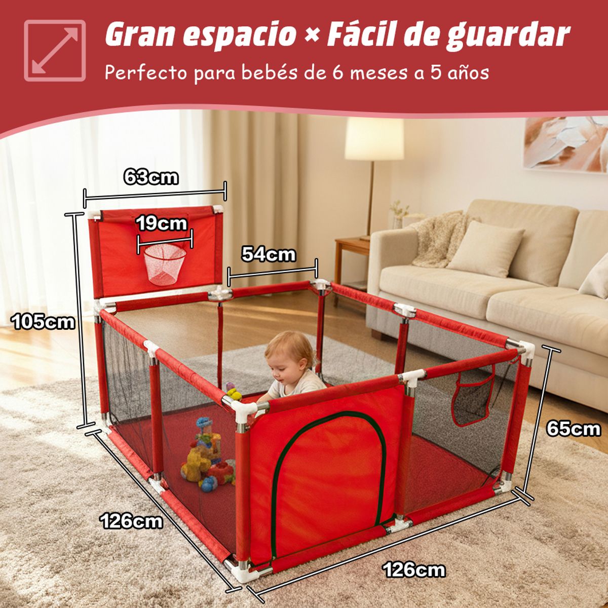 ZSPK - Corral Rojo Centro de Seguridad Infantil Con Aro De Basket