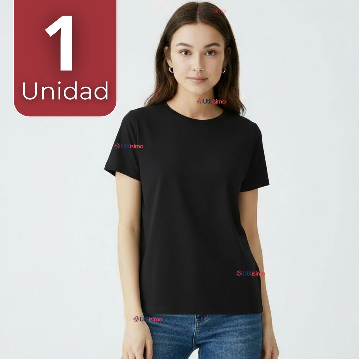 UTILISIMO - Polera Camiseta 100% Algodón Premium Manga Corta Básico Negro Mujer