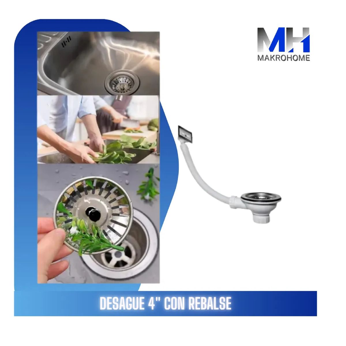 GENERICO - Desague Lavaplatos 4 Aquakit Con Rebalse Rejilla Inoxidable