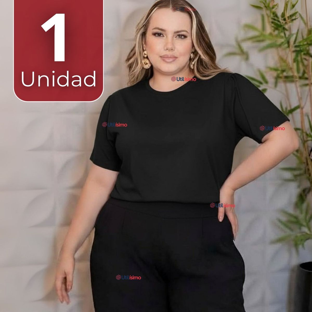 UTILISIMO - Polera Camiseta 100% Algodón Premium Manga Corta Básico Negro Mujer