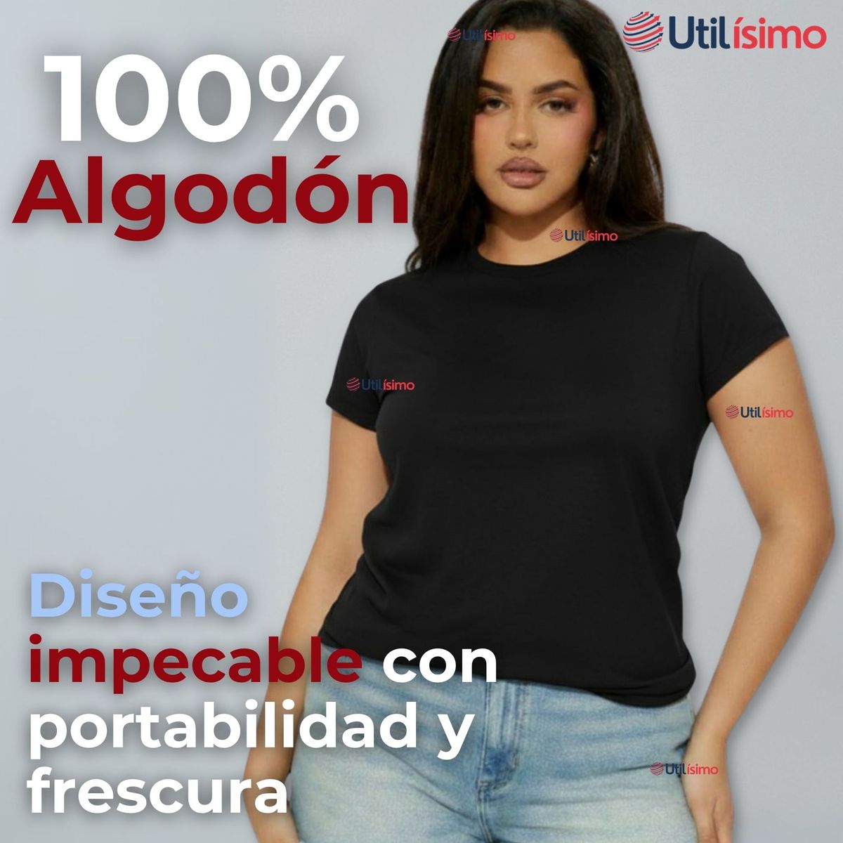 UTILISIMO - Polera Camiseta 100% Algodón Premium Manga Corta Básico Negro Mujer
