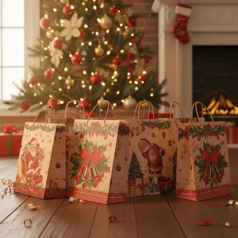 GENERICO - Bolsas Regalo Navidad Kraft Grandes Premium X12 + 10 Cintas