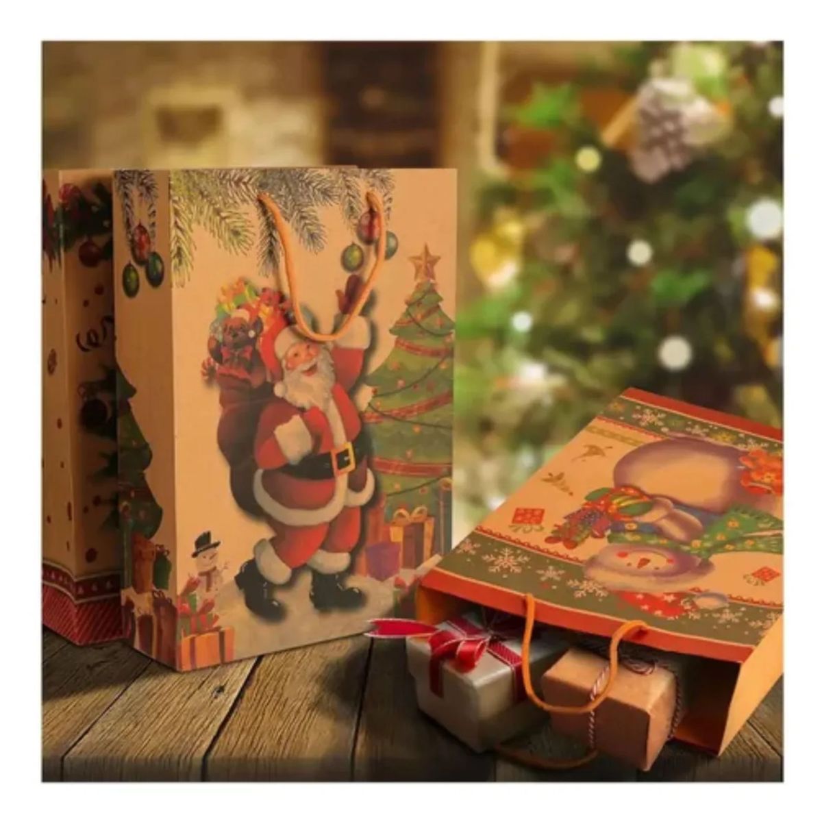 GENERICO - Bolsas Regalo Navidad Kraft Grandes Premium X12 + 10 Cintas