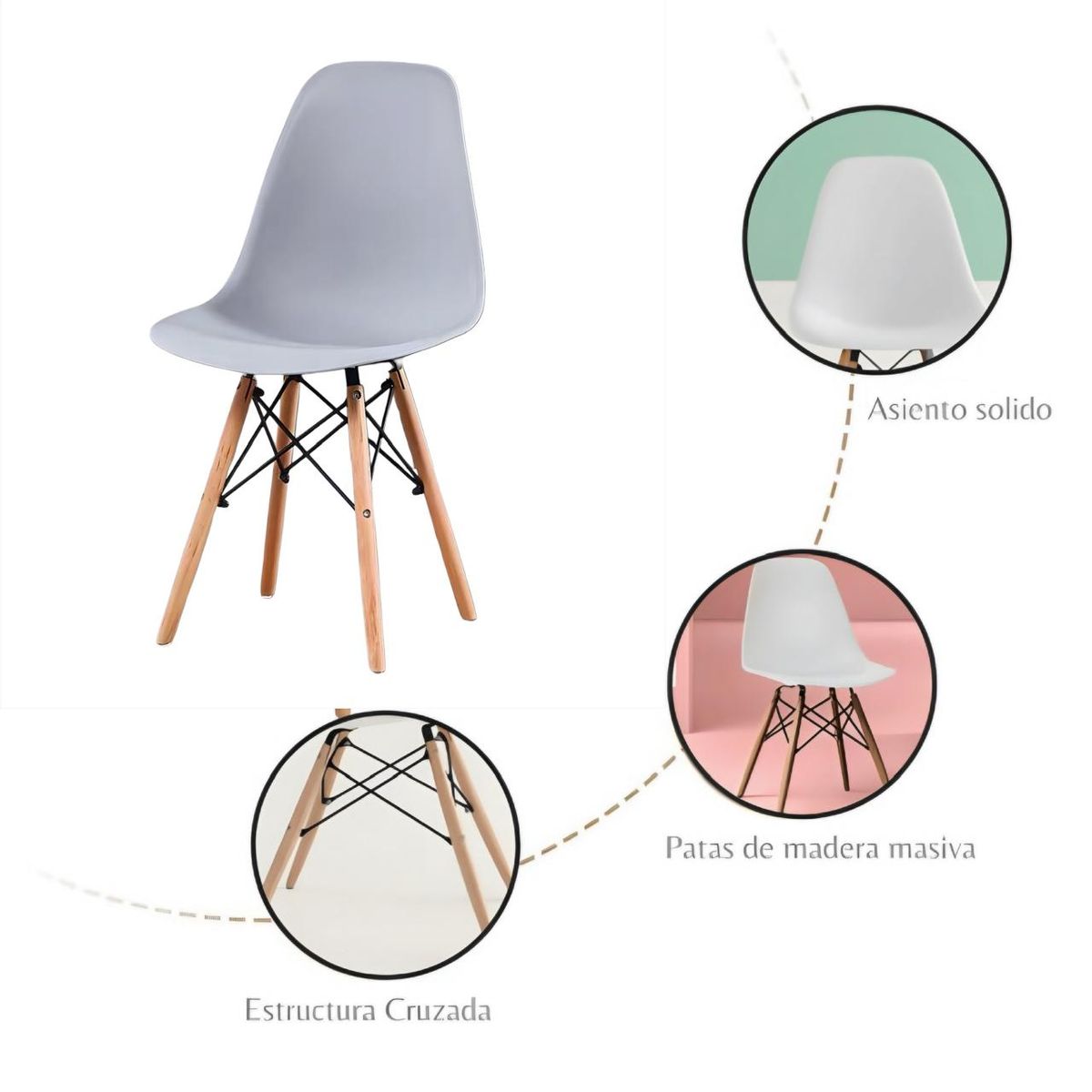 ACTUAL - Silla Eames con Patas de Madera Estilo Nórdico Moderno