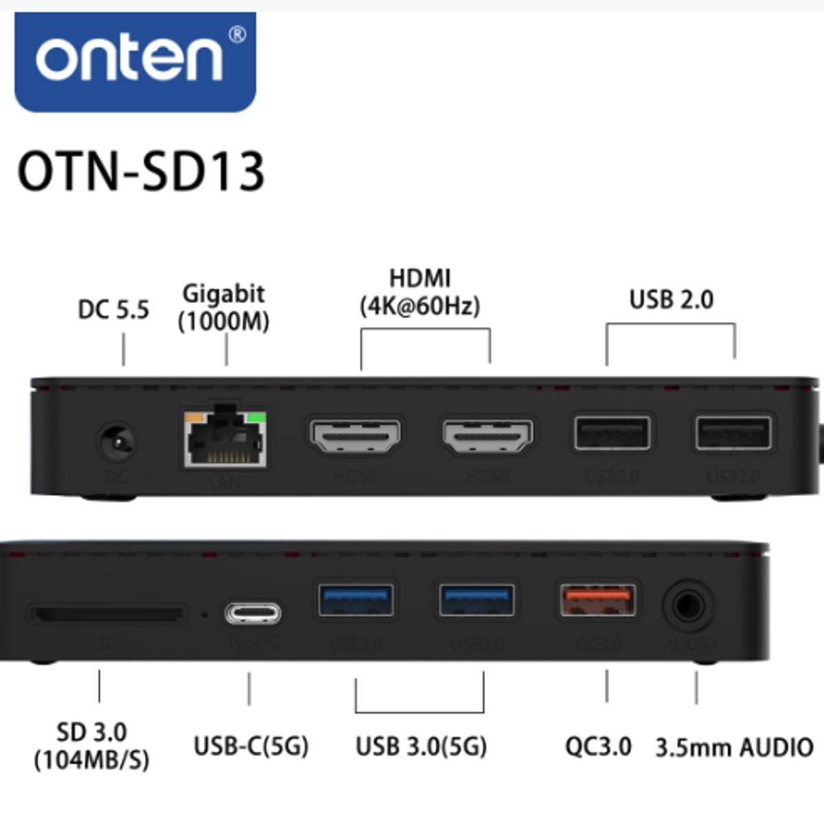 ONTEN - Hub Surface 2xHDMI/RJ45/2xUSB 3.0/2xUSB 2.0/QC 3.0/Jack 3.5mm/USB-C/DC 5.5/SD 3.0 Onten