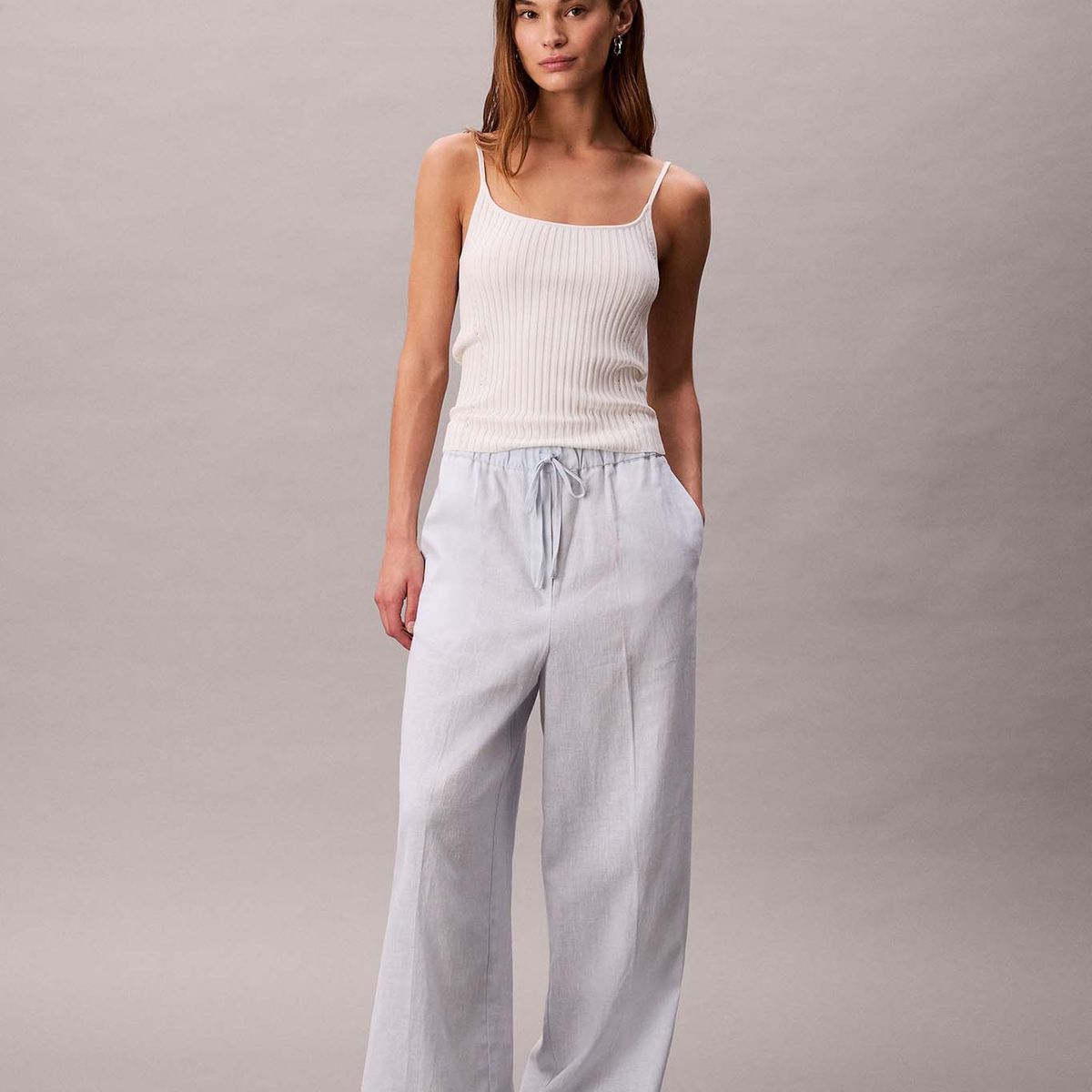 CALVIN KLEIN - Pantalón de Lino Drawstring Celeste Calvin Klein