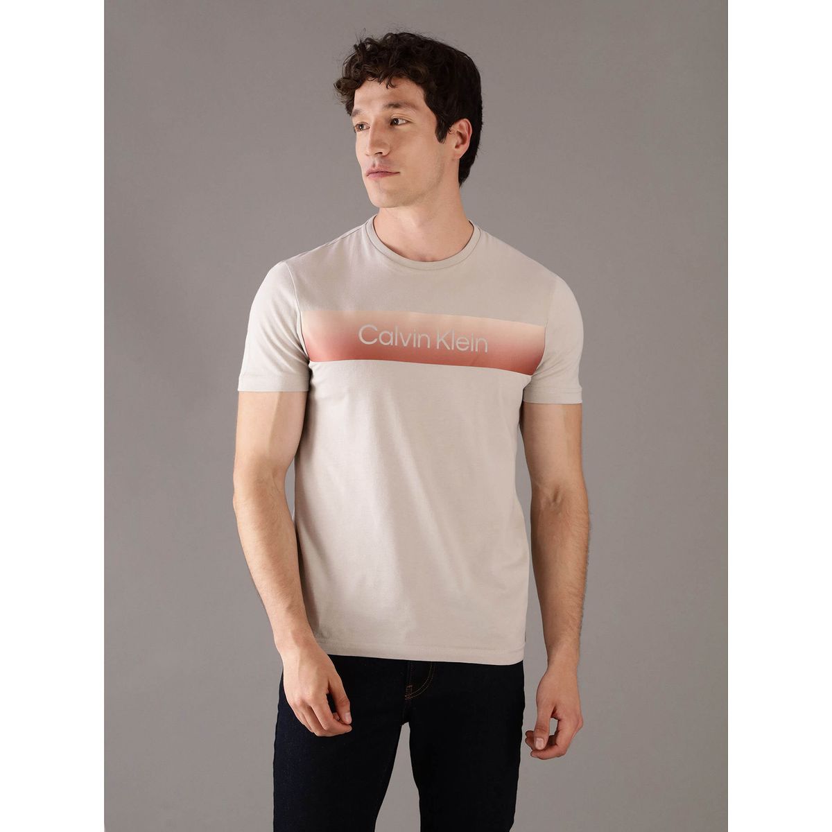 CALVIN KLEIN - Polera Linear con Logo Beige Calvin Klein
