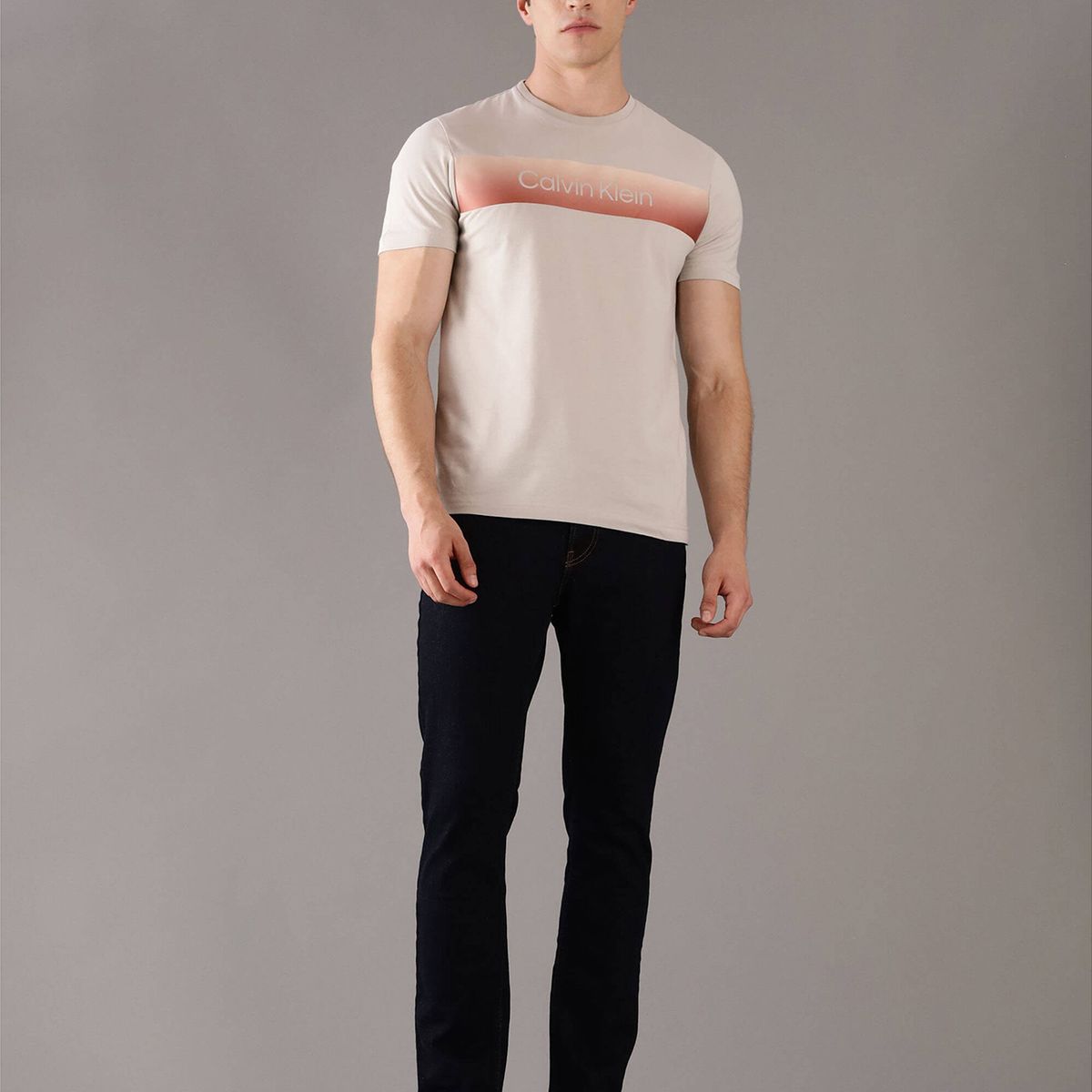 CALVIN KLEIN - Polera Linear con Logo Beige Calvin Klein