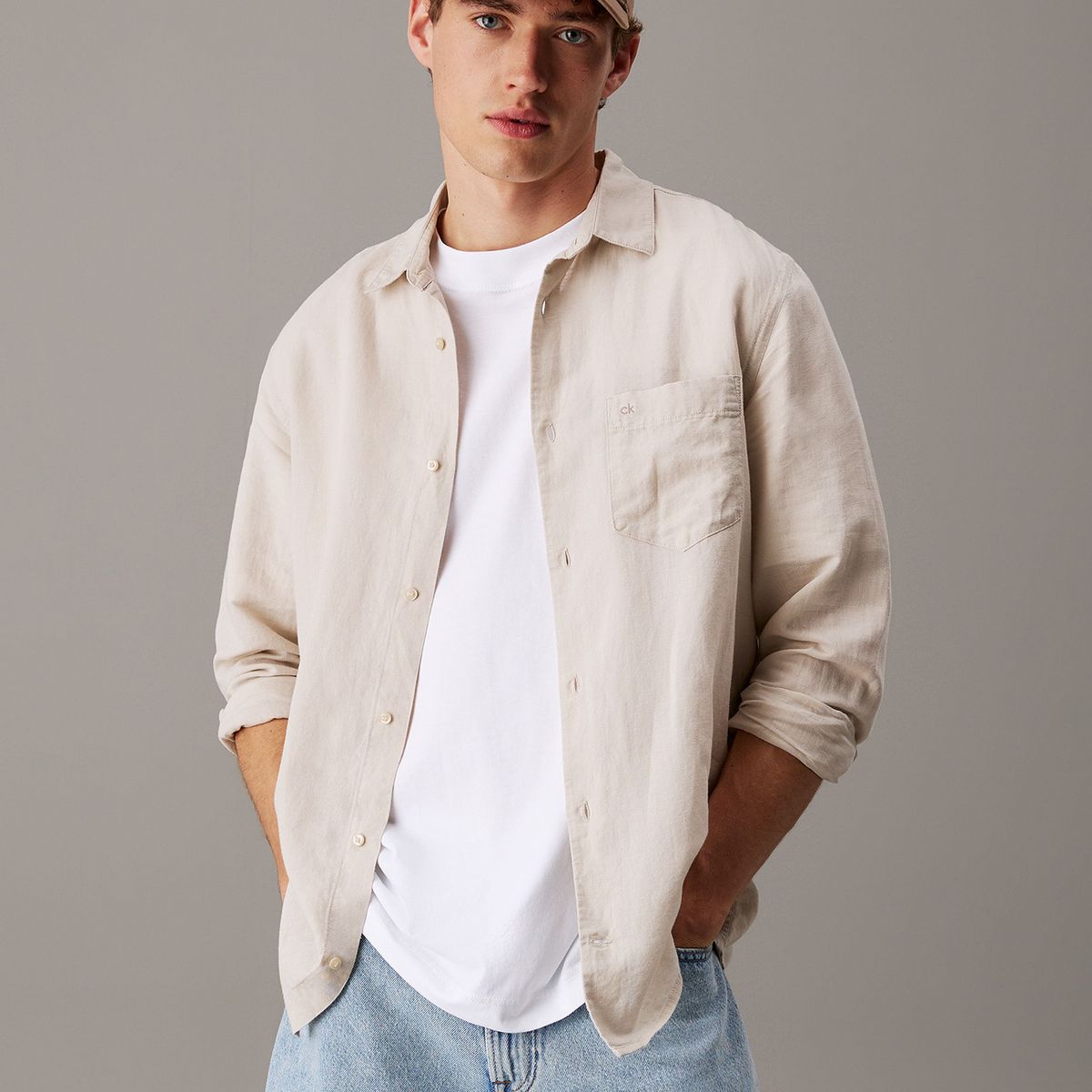 CALVIN KLEIN - Camisa Regular Fit de Lino y Algodón Beige Calvin Klein