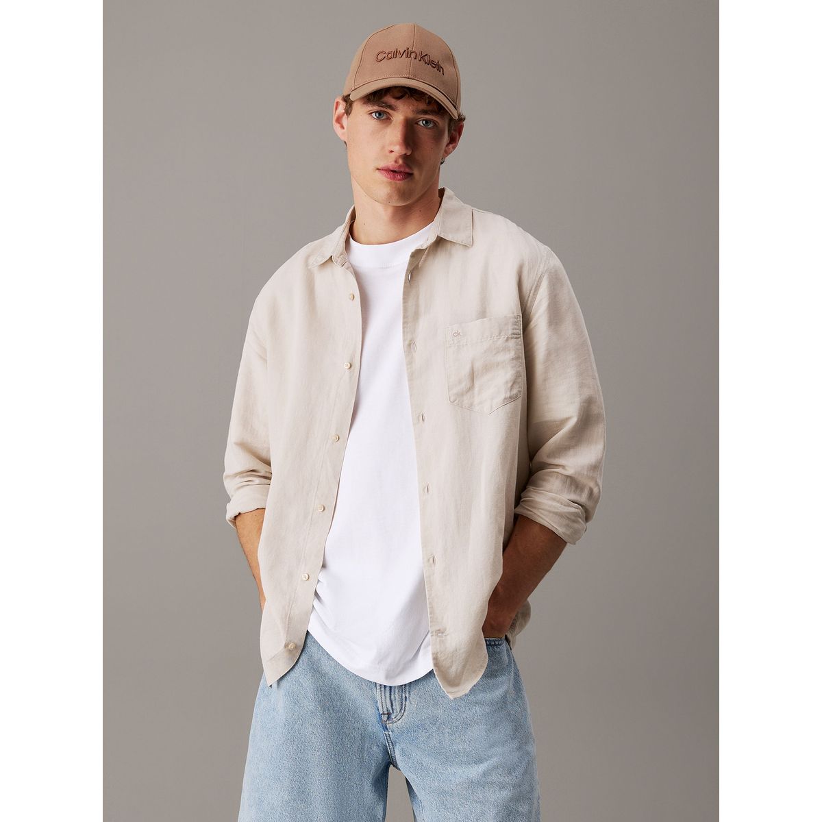CALVIN KLEIN - Camisa Regular Fit de Lino y Algodón Beige Calvin Klein