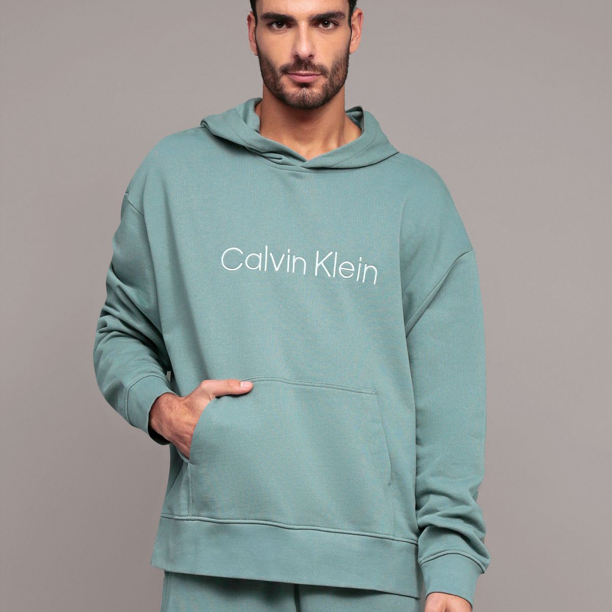 CALVIN KLEIN - Polerón con gorro de felpa con logo estándar Verde Calvin Klein