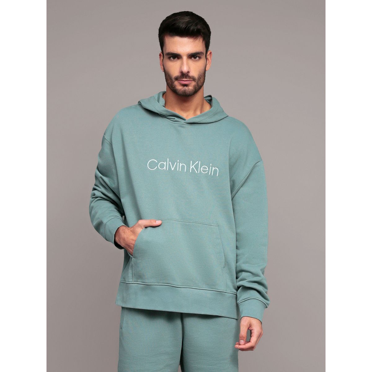 CALVIN KLEIN - Polerón con gorro de felpa con logo estándar Verde Calvin Klein