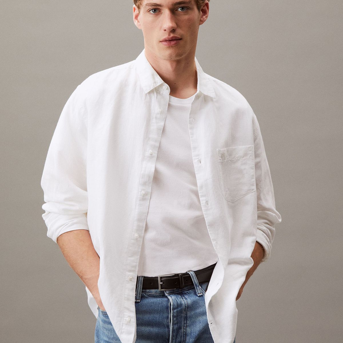 CALVIN KLEIN - Camisa Regular Fit de Lino y Algodón Blanco Calvin Klein