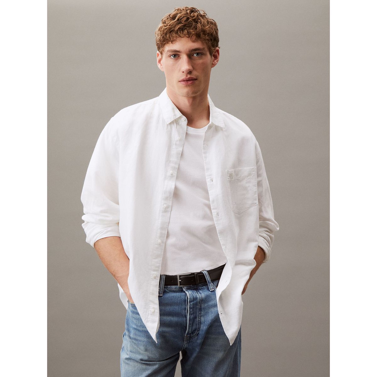 CALVIN KLEIN - Camisa Regular Fit de Lino y Algodón Blanco Calvin Klein