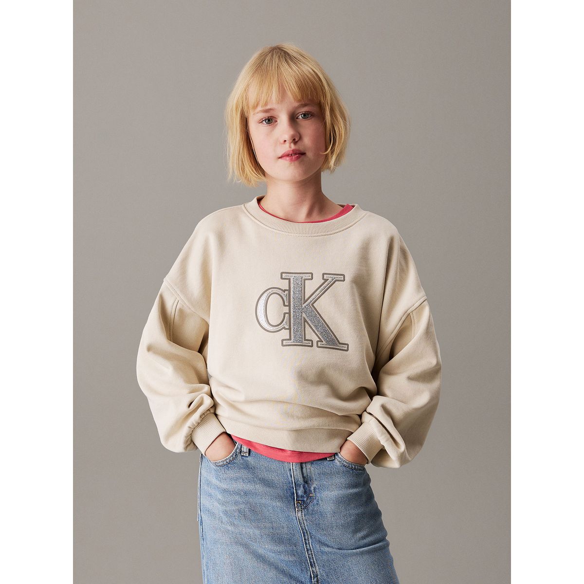 CALVIN KLEIN - Polerón Niña Suelto Con Logo Beige Calvin Klein