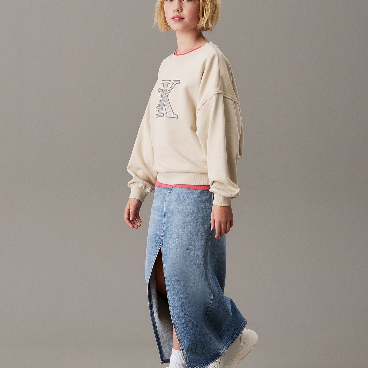 CALVIN KLEIN - Polerón Niña Suelto Con Logo Beige Calvin Klein