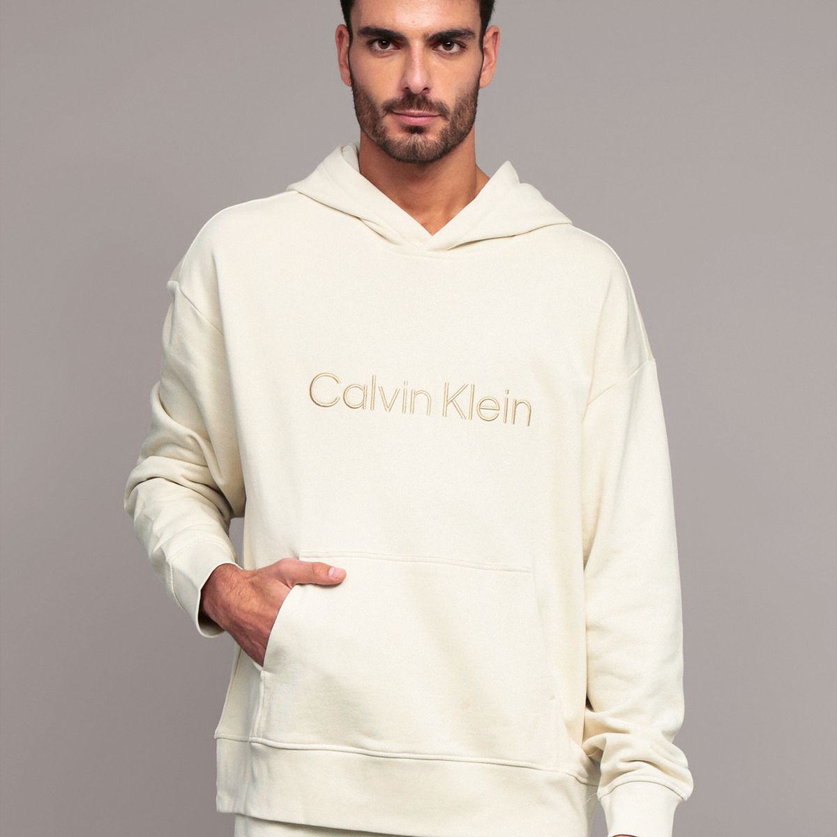 CALVIN KLEIN - Polerón con gorro de felpa con logo estándar Beige Calvin Klein