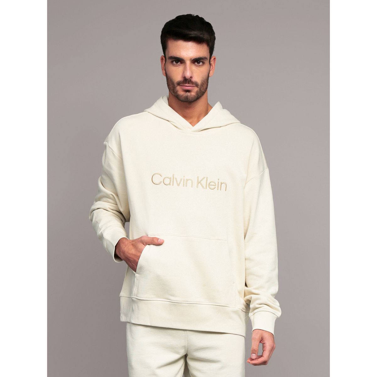 CALVIN KLEIN - Polerón con gorro de felpa con logo estándar Beige Calvin Klein