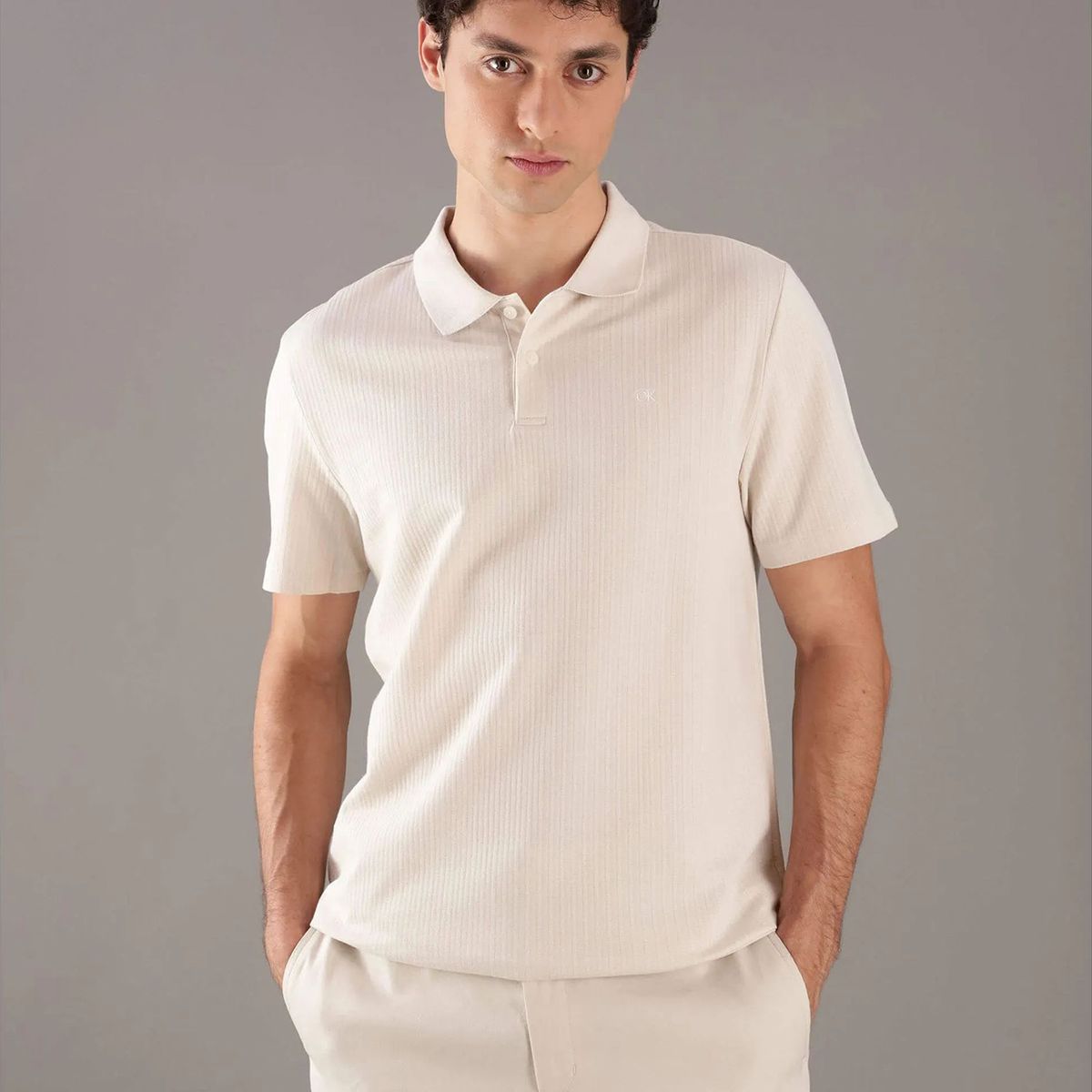 CALVIN KLEIN - Polo con Textura Jacquard Beige Calvin Klein