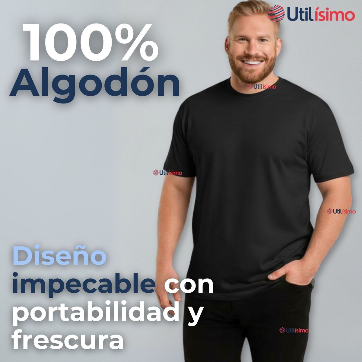 UTILISIMO - Polera Camiseta 100% Algodón Premium Manga Corta Básico Negro Hombre