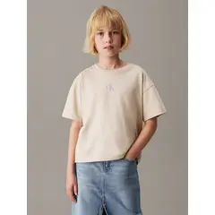 CALVIN KLEIN - Polera Niña De Corte Boxy Con Logo De Monograma Estampado Beige