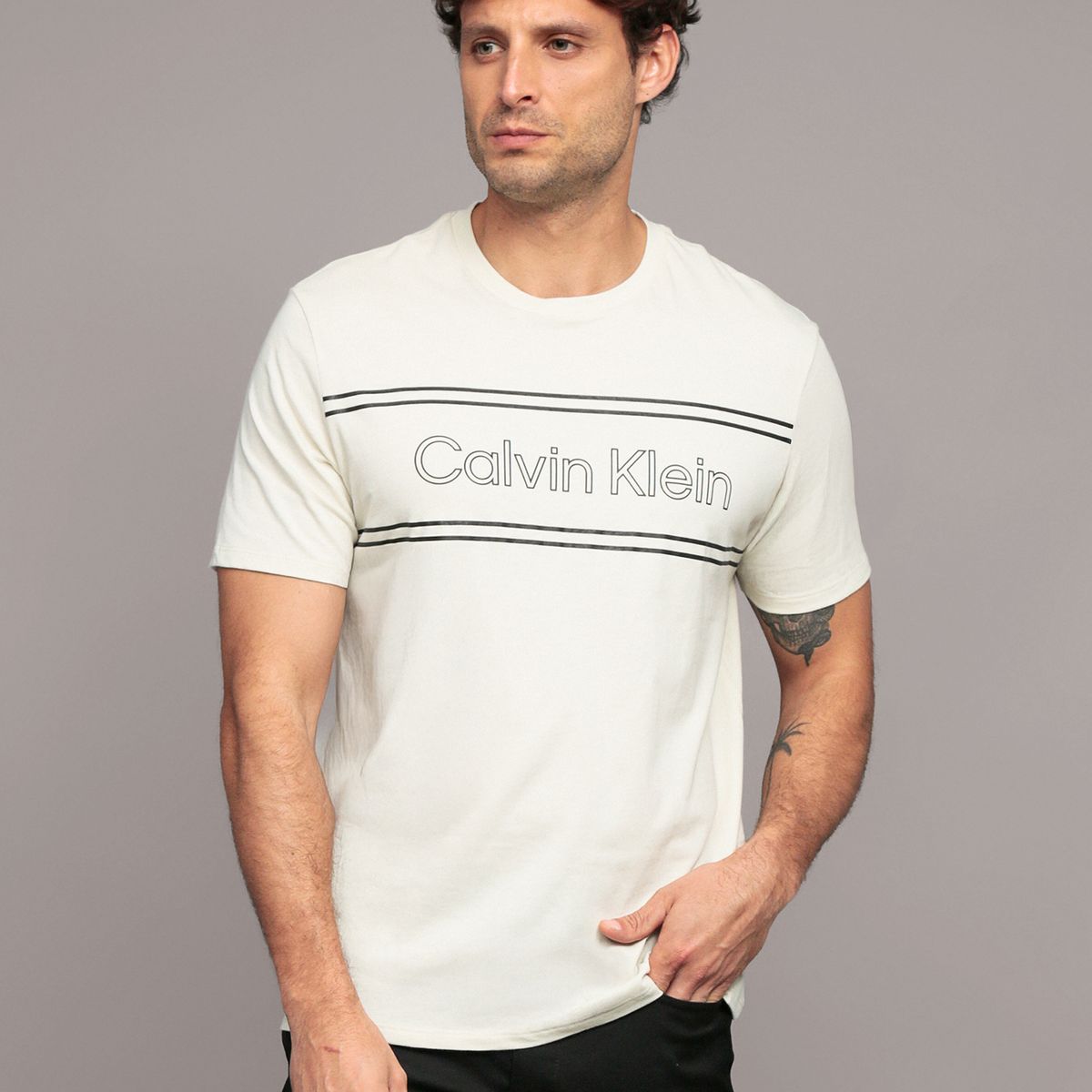 CALVIN KLEIN - Polera Outline Boxed Logo Beige Calvin Klein