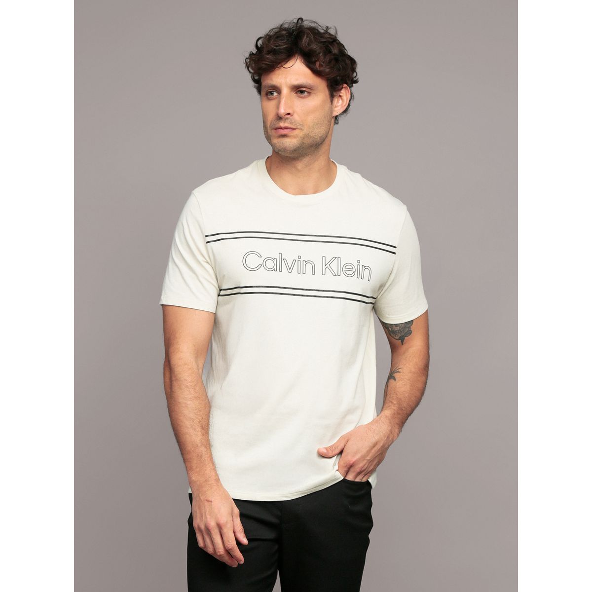CALVIN KLEIN - Polera Outline Boxed Logo Beige Calvin Klein