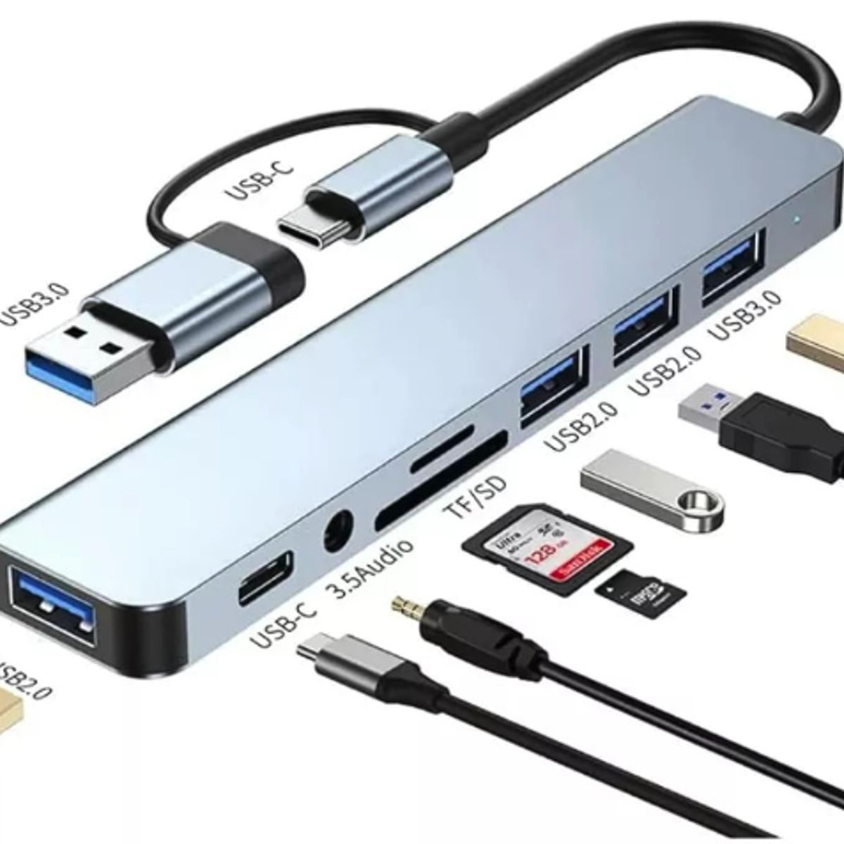 GENERICO - Hub 8 en 2 USB-A/USB-C a USB, TF/SD, AUX, USB-C