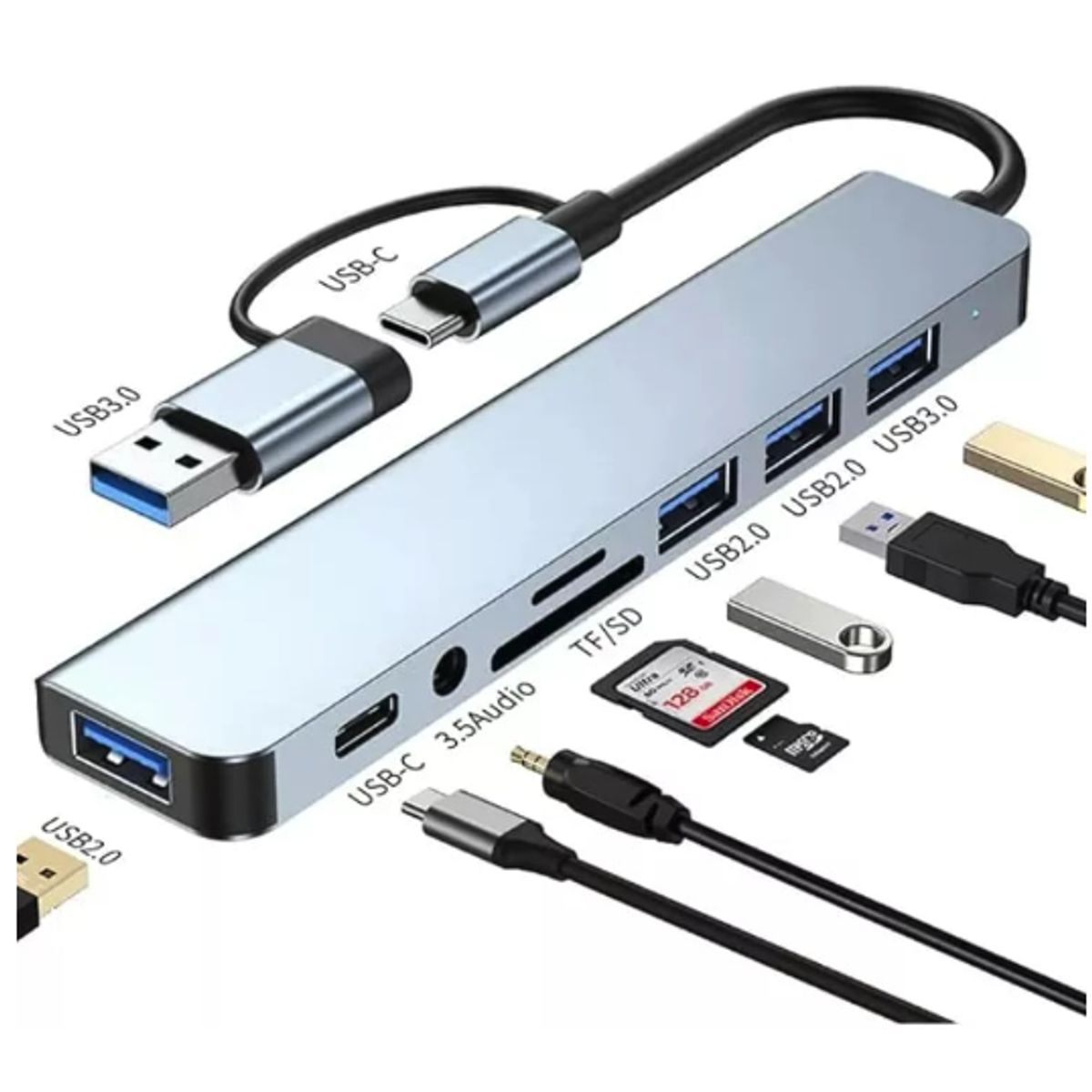 GENERICO - Hub 8 en 2 USB-A/USB-C a USB, TF/SD, AUX, USB-C