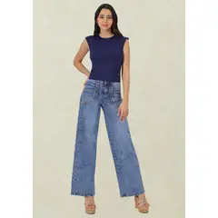 TENTATION - Wide Leg Tiro Alto Push Up Azul