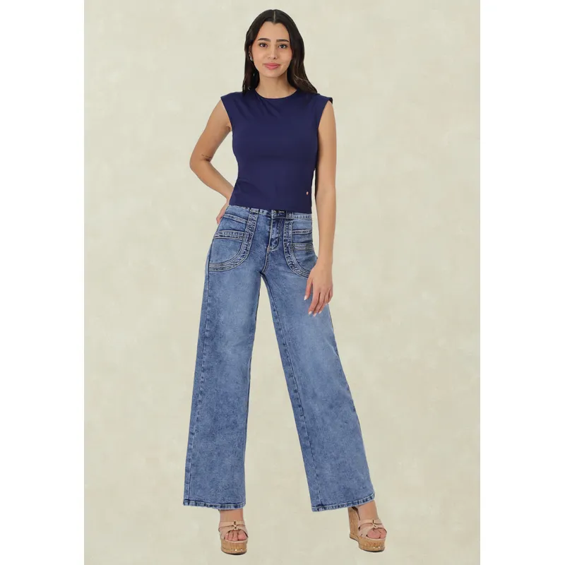 TENTATION - Wide Leg Tiro Alto Push Up Azul