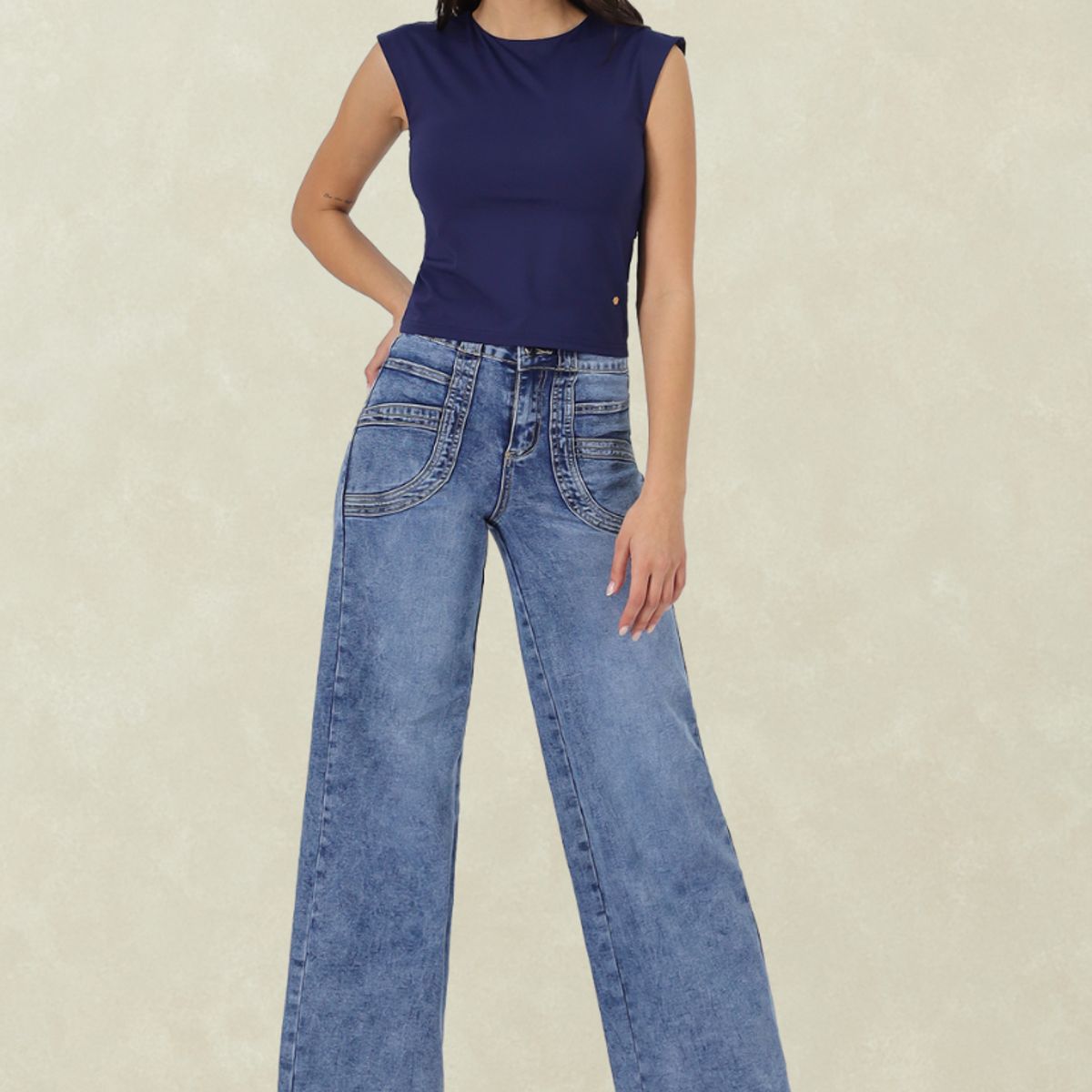 TENTATION - Wide Leg Tiro Alto Push Up Azul