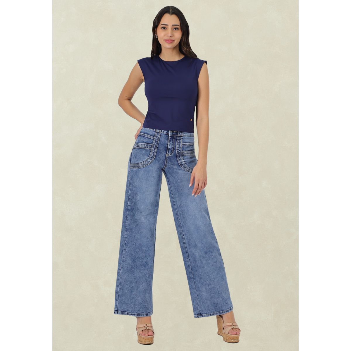 TENTATION - Wide Leg Tiro Alto Push Up Azul