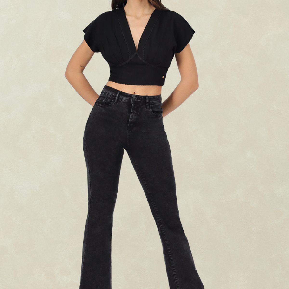 TENTATION - Jeans Flare Black Blue TA Push Up